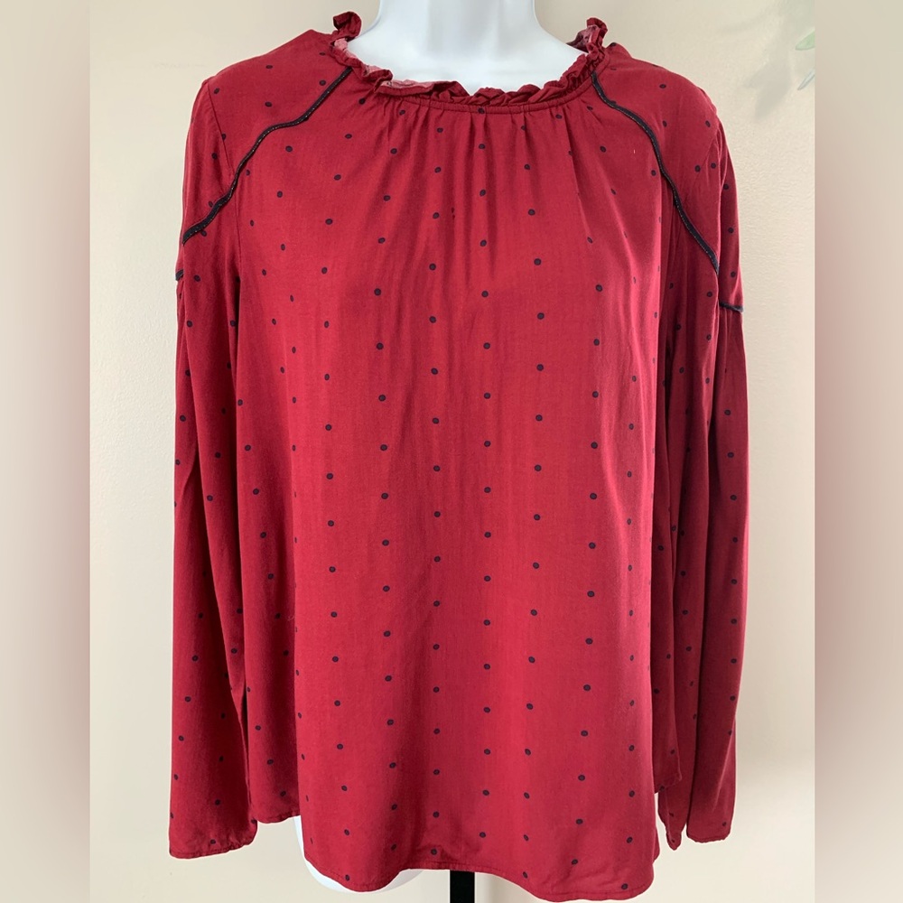 Crown & Ivy Maroon Blouse with Navy Dots and Trim - Picture 13 of 16
